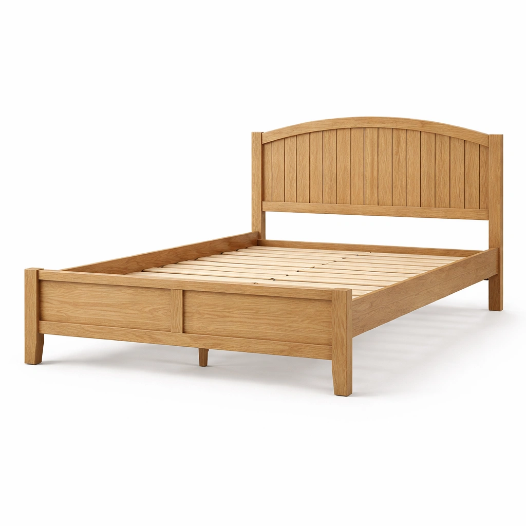Cama de madera natural con cabecero alto y estructura solida-cozanoe